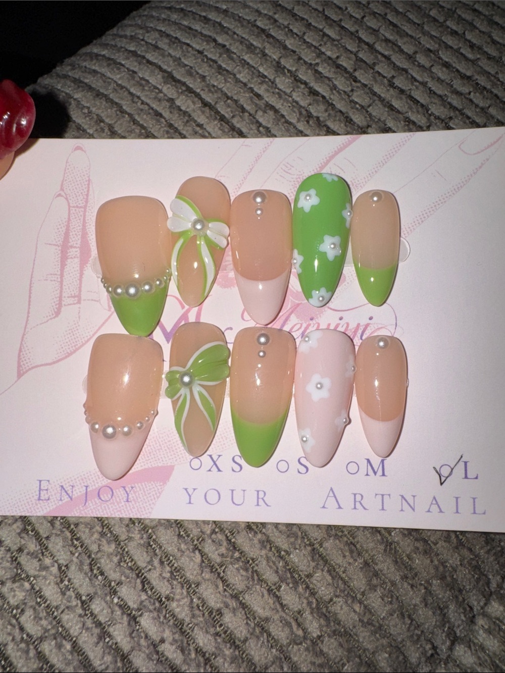 Green & Nude Floral Press-On Nails with Pearls